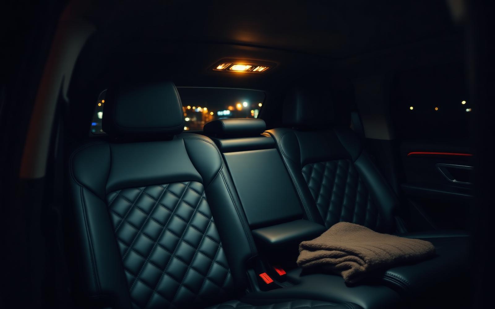 Rear cabin of a luxury SUV with quilted leather and ambient light